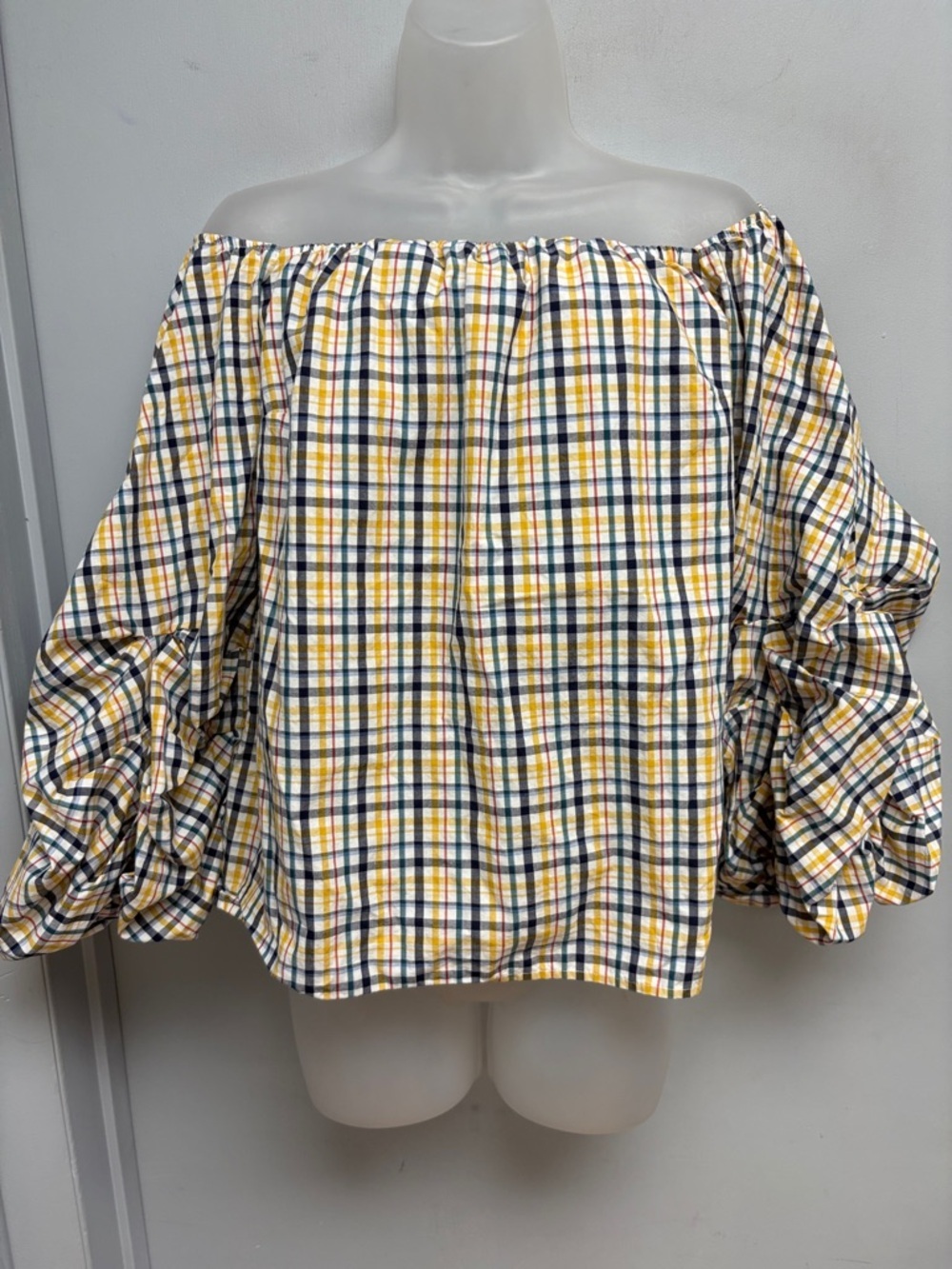 Petersyn Off-the-Shoulder Plaid Puff Sleeve Top | Size M | Made in New York